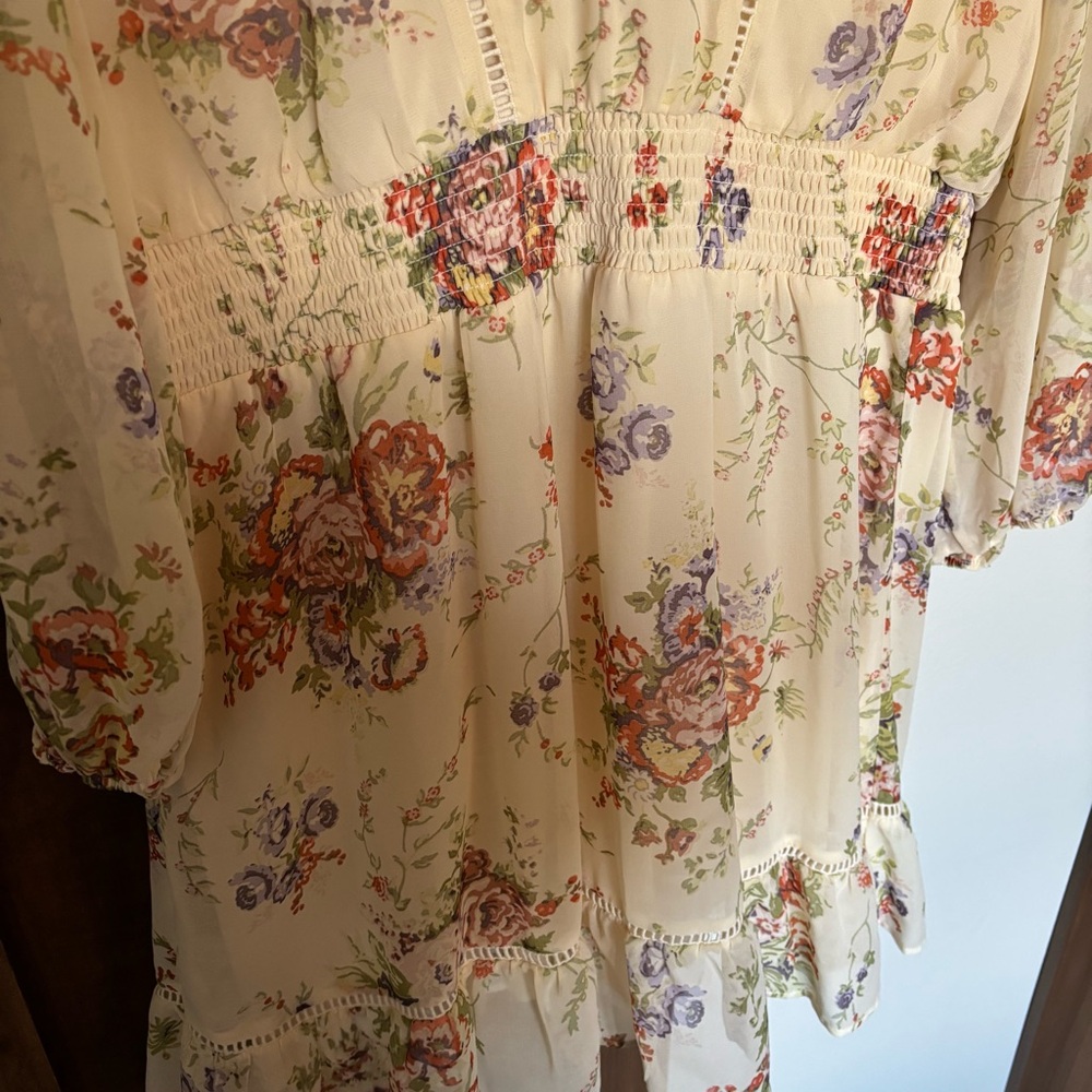 LC Lauren Conrad V-Neck Flounce Dress Yellow Floral Chiffon Size XL - Picture 5 of 7